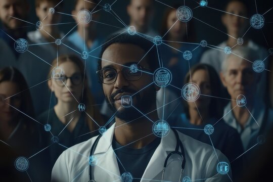Connecting professionals through a network of diverse medical knowledge and innovative technologies, network of connections with icons over diverse doctors talking