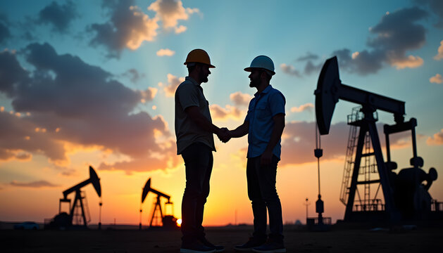 Engineers shaking hands at an oil field during a beautiful sunset, symbolizing agreement.