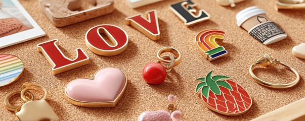 Colorful enamel pins displayed elegantly on a corkboard showcasing diverse symbols