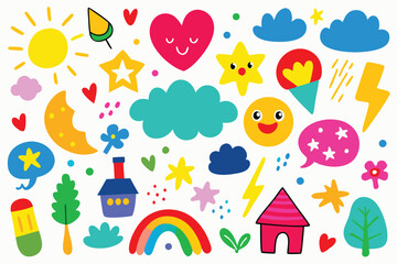 Colorful hand drawn celestial bodies and playful objects create a whimsical on white