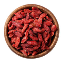 Dried goji berries in a wooden bowl. Top view. 