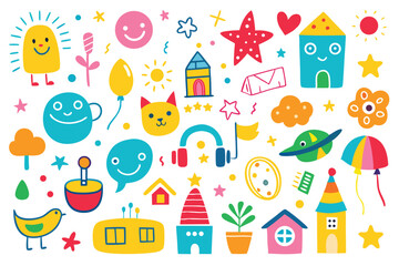 Vibrant cartoon doodles feature playful expressions, diverse shapes, and objects joyfully scattered on white