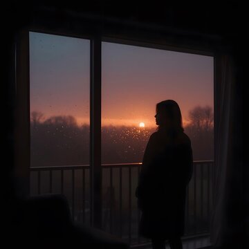 A person stands by a rain-covered window, watching the sunset through streaks of water. A cinematic scene of quiet reflection, solitude, and soft contrast between warmth and rain.