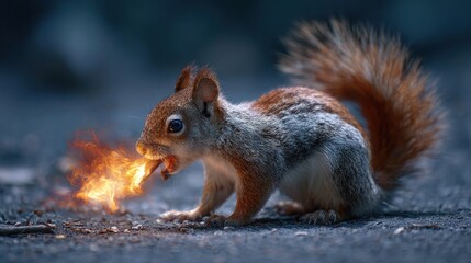 Squirrel eating flaming food outdoors