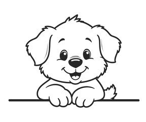 Adorable Cartoon Puppy Peeking Over a Line Black and White Illustration