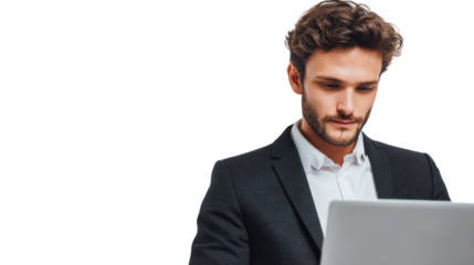 Professional man working on a laptop in a business setting.
