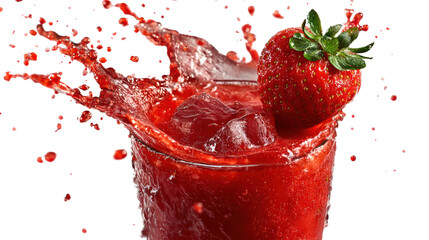 Refreshing strawberry drink with splashes and ice, perfect for summer vibes.