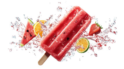 Refreshing watermelon popsicle with splash and citrus on a white isolate background.