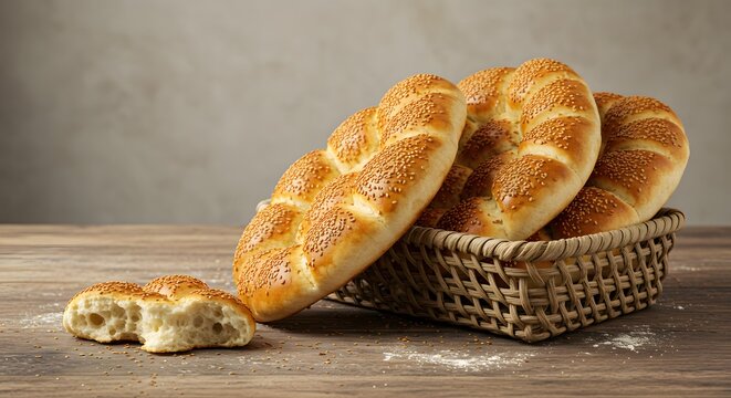 A basket of khobz bread with sesame seeds on a kitchen table