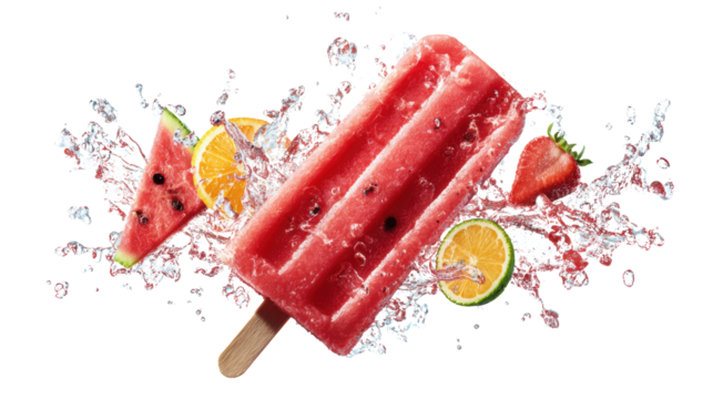 Refreshing watermelon popsicle with splash and citrus on a white isolate background.