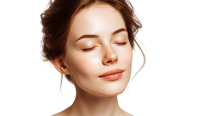 Serene woman with closed eyes, natural beauty, soft lighting on the face.