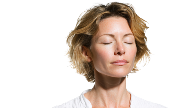 Serene woman with closed eyes, embodying tranquility and mindfulness, isolated on a white background.