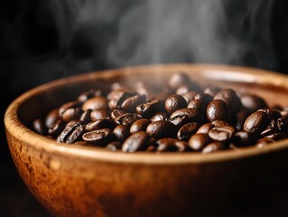 Steaming freshly roasted coffee beans in a rustic wooden bowl