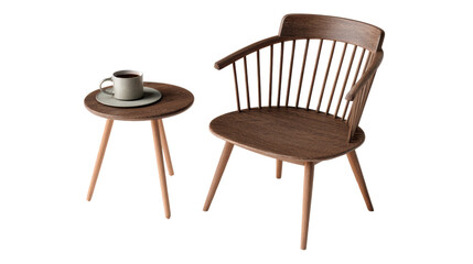 Stylish wooden chair and table set with a coffee cup on a white isolated background.