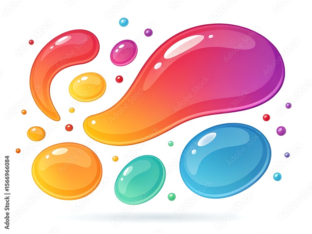 Poster illustration of various sized colorful liquid blobs and droplets on a white background - ai generate