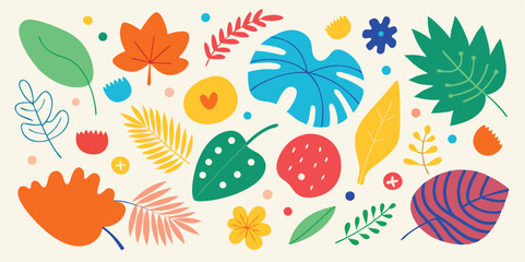 Colorful botanical composition showcases various flowers, leaves, and dots on a cream background creating a cheerful, vibrant pattern