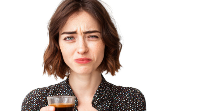 Woman making a grimace while holding a glass of coffee, white isolate background