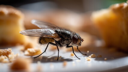 Obraz premium A close-up macro shot of a housefly perched on a plate of food, with fine detail on its wings and legs, cake crumbs scatter around the plate.