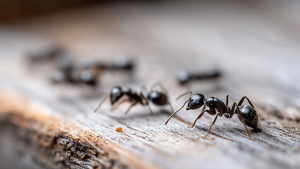 A close-up macro shot of a line of black ants marching across a wooden floor, their tiny legs and antennae sharply detailed.
