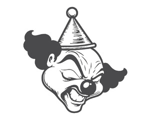 Sinister Clown Face with Hat Illustration in Black and White Style