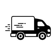 Black and white vector silhouette of a delivery truck in motion