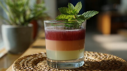 Colourful multi layer drink in a glass on the table.