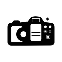 A stylized black and white icon of a digital single lens reflex camera