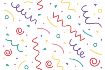 Many colorful shapes like squiggles and dots are scattered on a white background
