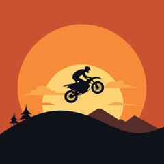 Minimalist motorcycle silhouette jumping over hill at sunset with clean lines, dynamic motion, extreme sport and adventure concept