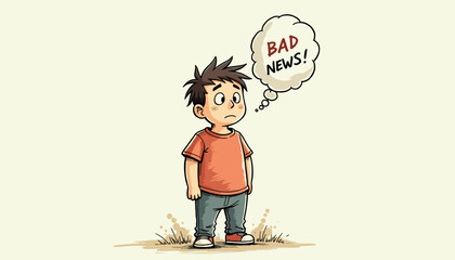 Disappointed person receiving bad news, sad cartoon boy thinking about bad news on light background