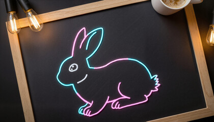 Neon outline of a rabbit drawn on blackboard with decorative lights  