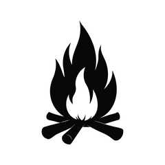 Stylized black and white illustration of a roaring campfire with burning wood