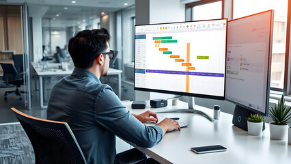 Man working with project management software on dual monitors in a modern office