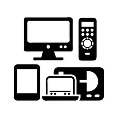 Various home entertainment, communication, and cooking equipment isolated black vector image