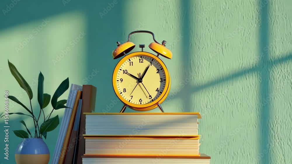 Poster clock resting on a stack of books with plants in a serene study environment, clock on a stack of boo