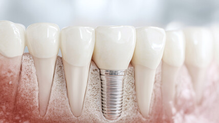 Dental Imaging Graphic Showing Tooth Implant Fixed in Lower Gum with Detailed Bone and Crown Structure Representation