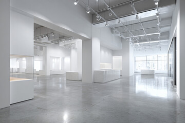 minimalist retail space with polished concrete floors and white walls