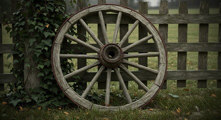 Fototapeta premium Weathered Wagon Wheel Leaning Against Rustic Fence with Ivy Growth