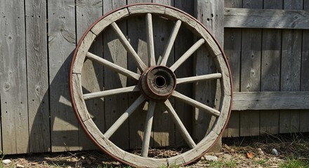 Fototapeta premium Weathered Wagon Wheel Leaning Against Rustic Wooden Fence, Sunlight.