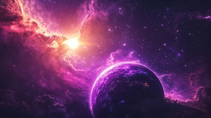 Stunning cosmic scene featuring a vibrant purple planet amidst a colorful nebula and radiant stars in deep space.
