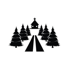 Obraz premium Silhouette of a cabin in a winter forest landscape illustration