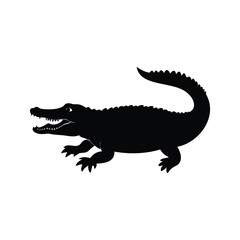 A black silhouette of an alligator with its mouth open and tail up