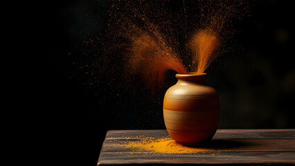 A rustic clay pot on a wooden surface with orange powder exploding out of the top