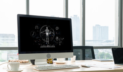 Medical science technology and futuristic healthcare virtual computer software analyze human health...