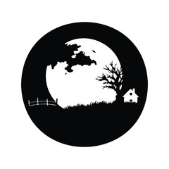 Monochrome landscape with a full moon, a bare tree and a house