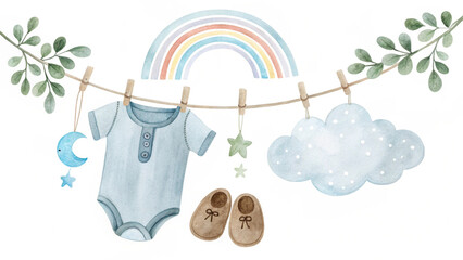 Watercolor Baby Onesie and Toys Clipart Set &ndash; Neutral Baby Shower Clip Art for Nursery Wall Decor