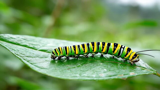 Green caterpillar with black and yellow stripes crawling green leaf nature macro closeup, vibrant insect detail, colorful pattern, outdoor environment, summer garden wildlife, antenna, forest biology