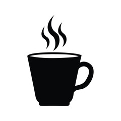 A black and white simple drawing of a hot cup of coffee