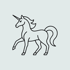 Minimal outline unicorn trotting side view, simple magical horse line art, fantasy creature, elegant minimalistic design vector
