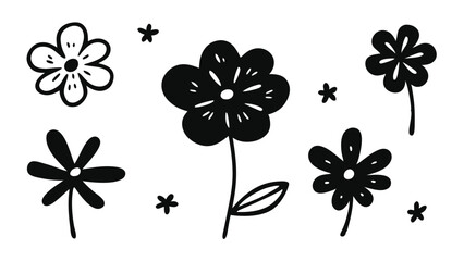 Black and white hand drawn flowers bloom uniquely in simple form on transparent background